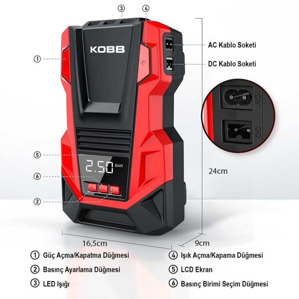 KOBB KB220 Dijital Lastik Şişirme Pompası 12/220 Volt