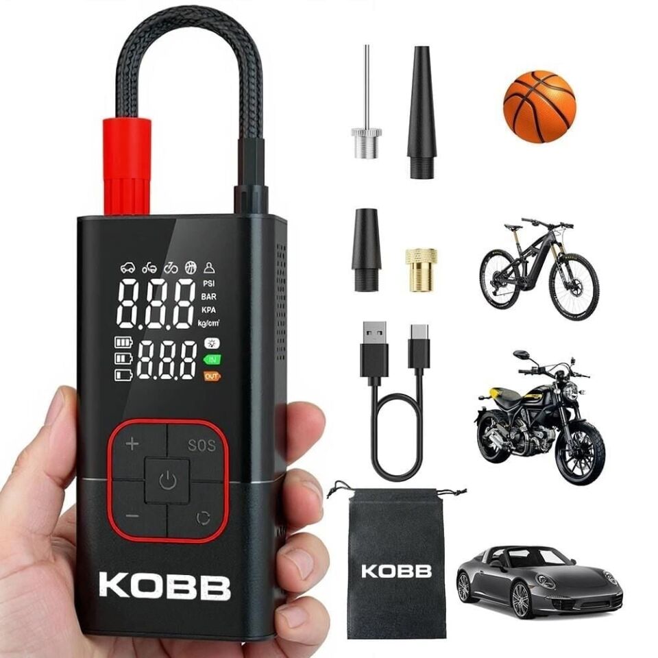KOBB KB412 Li-İon Şarjlı Dijital Göstergeli Akıllı Lastik Şişirme Pompası + Powerbank + SOS + Led Lamba 150 Psi