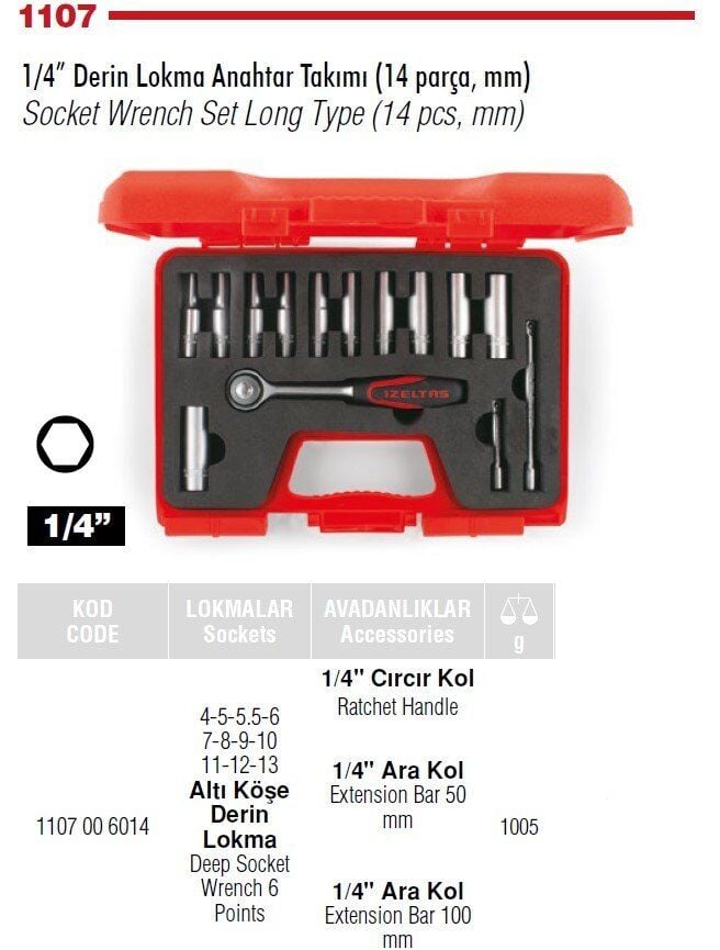 İZELTAŞ 1/4” Altı Köşe Derin Lokma Anahtar Takımı 14 Parça(1107 00 6014)