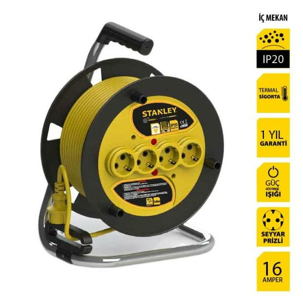 Stanley ST-E-2515 Makaralı Kablo 25 Mt, 3x1.5mm, 4 Prizli, IP20