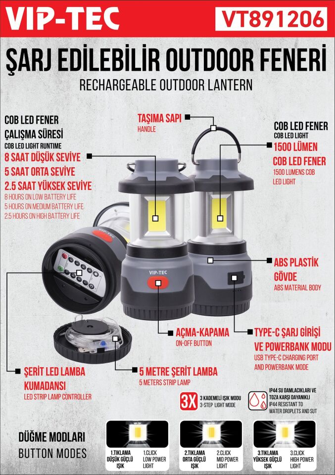 VIPTEC Kumandalı Şarjlı Outdoor Kamp Feneri (VT891206)