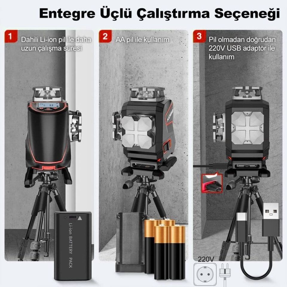 KOBB KBL36G Profesyonel Li-ion Şarjlı ve Pilli 4X360⁰ Otomatik Hizalamalı Yeşil Çapraz Çizgi Lazer Distomat Terazi + Uzaktan Kumanda