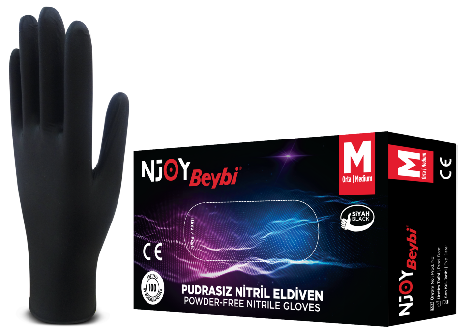 BEYBİ NJOY Pudrasız Siyah Muayene Eldiveni (Large)