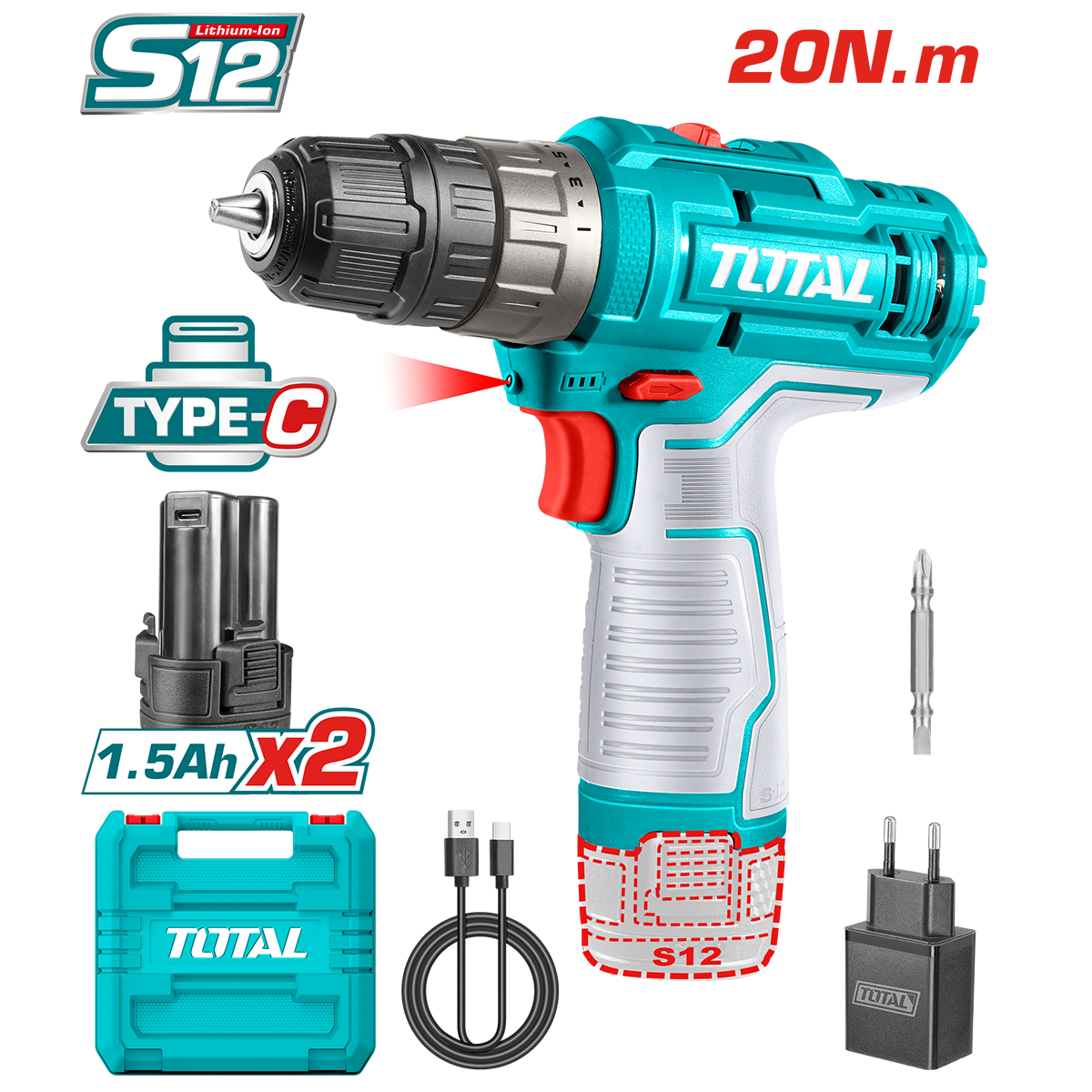 Total LI-ION AKÜLÜ DARBESİZ MATKAP TYPE-C TDLI122028