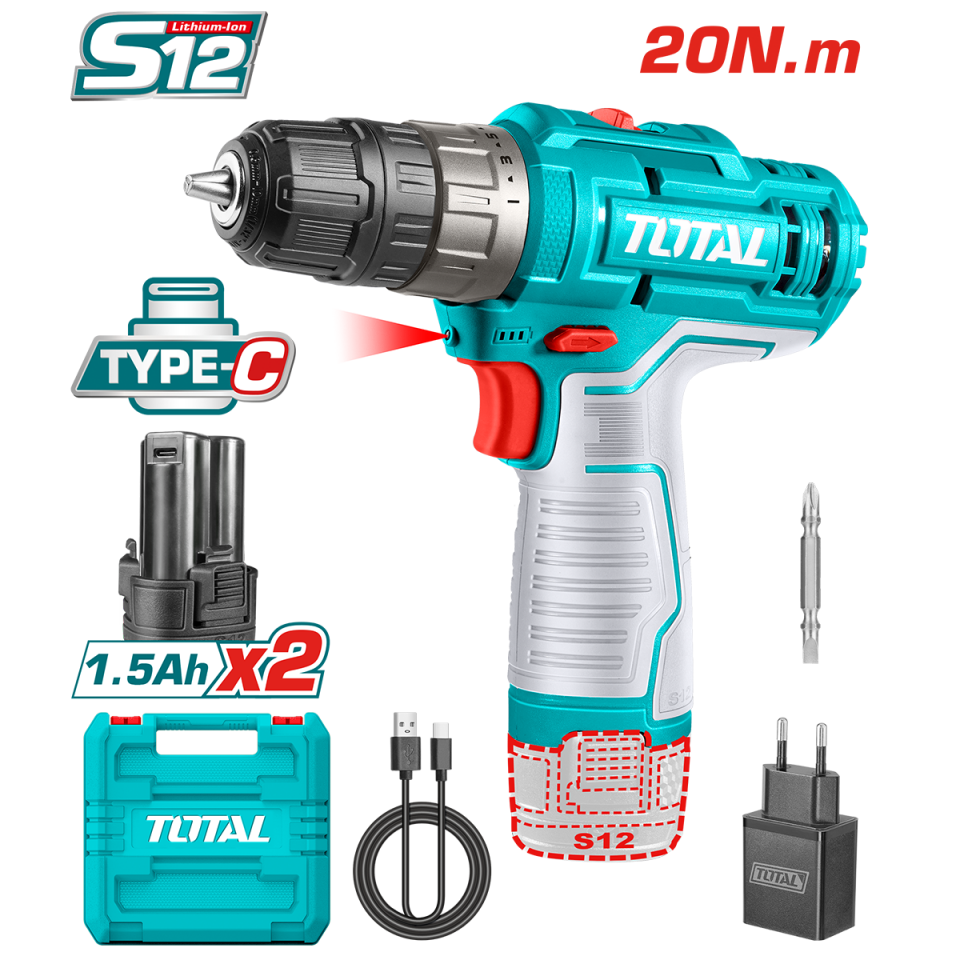 Total LI-ION AKÜLÜ DARBESİZ MATKAP TYPE-C TDLI122028