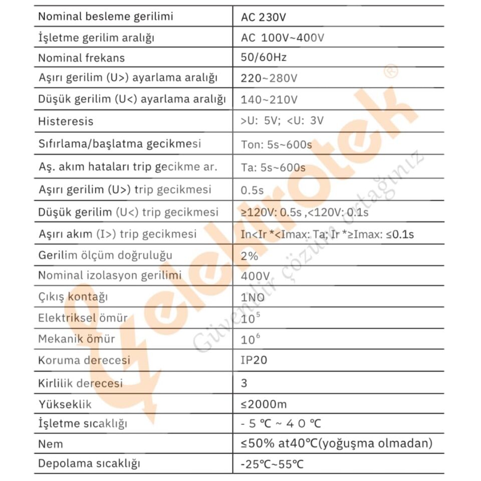 ELEKTROTEK Monofaze Gerilim ve Akım Koruyucu Dijital Röle-Otomat 220 Volt 63A