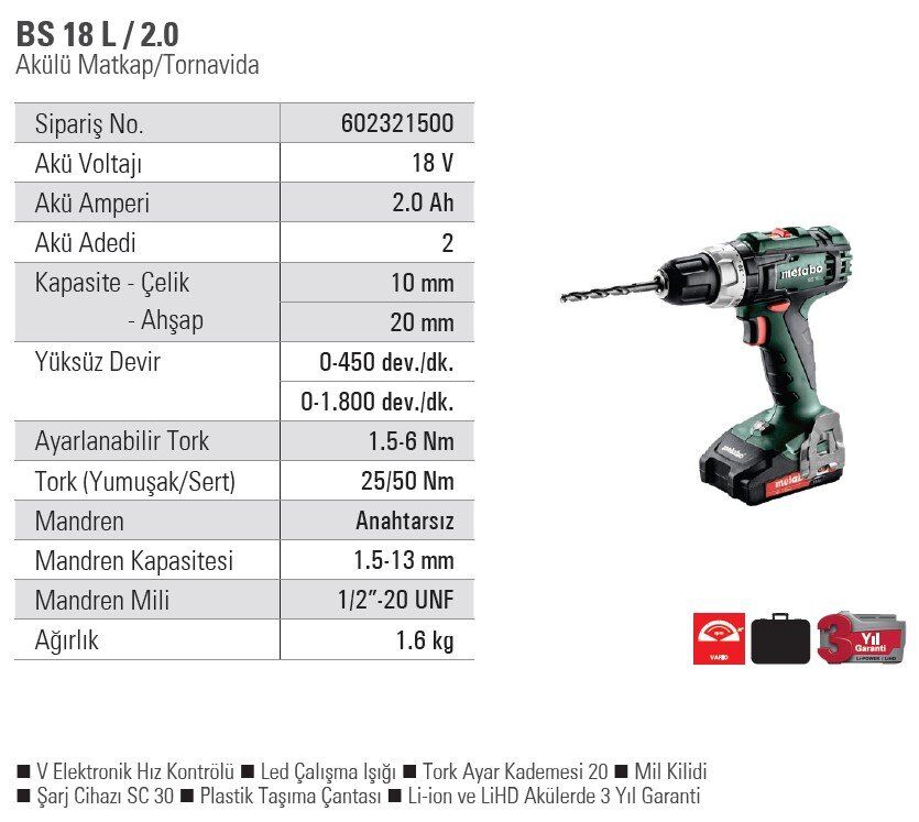 METABO BS 18 L Şarjlı Matkap 18 Volt 2.0 Amper