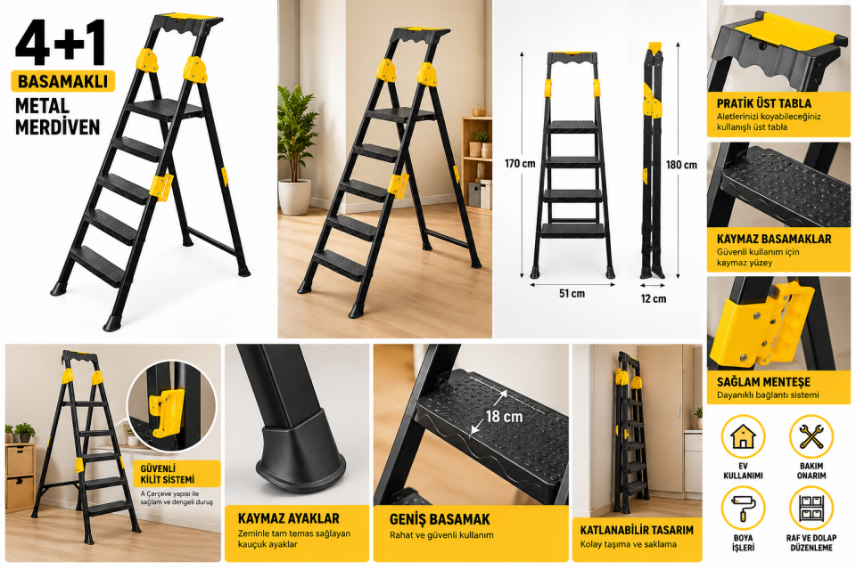 SGS Plus 4+1 Basamaklı Metal Merdiven – Katlanır Ev ve İş Merdiveni