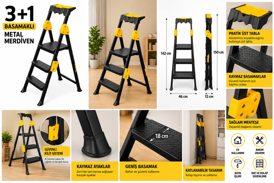 SGS Plus 3+1 Basamaklı Metal Merdiven – Katlanır Ev ve İş Merdiveni