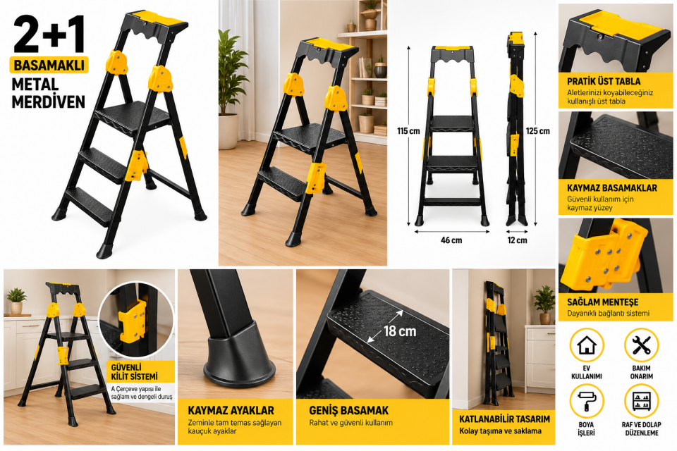 SGS Plus 2+1 Basamaklı Metal Merdiven – Katlanır Ev ve İş Merdiveni