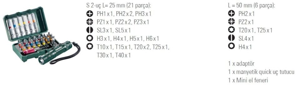 METABO 29 Parça Uç Seti + Mini El Feneri 626721000