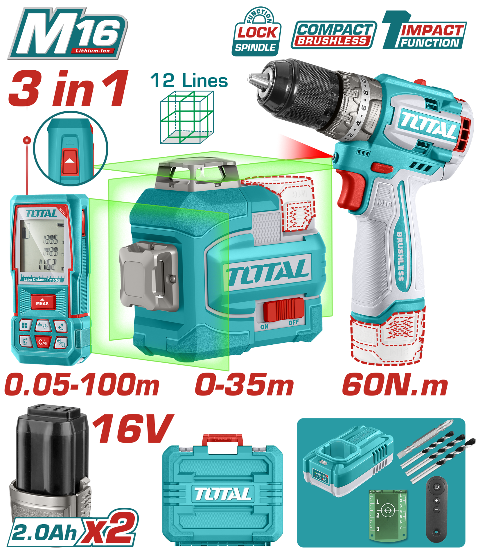 Total Avantaj Set - 16V D. Matkap, 16V Lazer Hizalama, 100M Lazer Metre TOSLI250101E