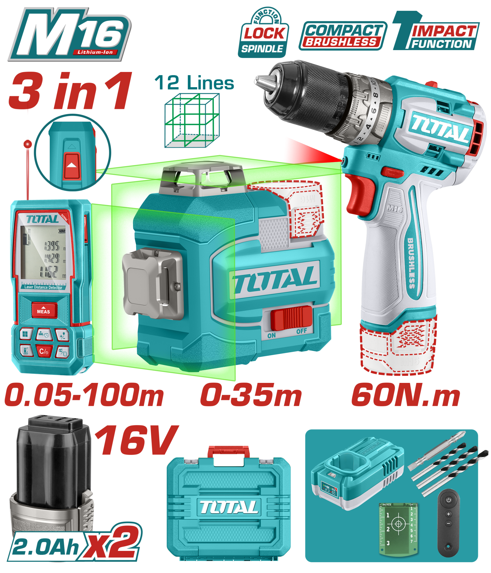 Total Avantaj Set - 16V D. Matkap, 16V Lazer Hizalama, 100M Lazer Metre TOSLI250101E