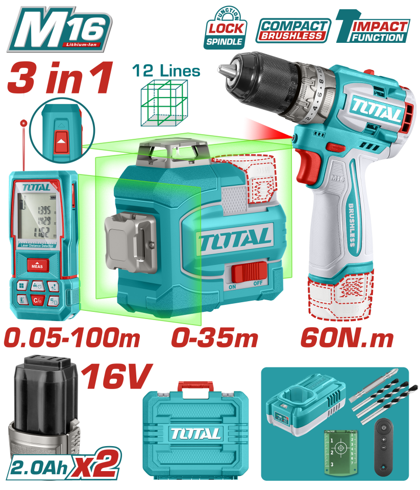 Total Avantaj Set - 16V D. Matkap, 16V Lazer Hizalama, 100M Lazer Metre TOSLI250101E