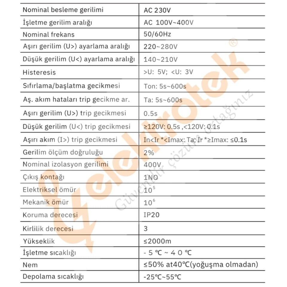 ELEKTROTEK Monofaze Gerilim ve Akım Koruyucu Dijital Röle-Otomat 220 Volt 63A