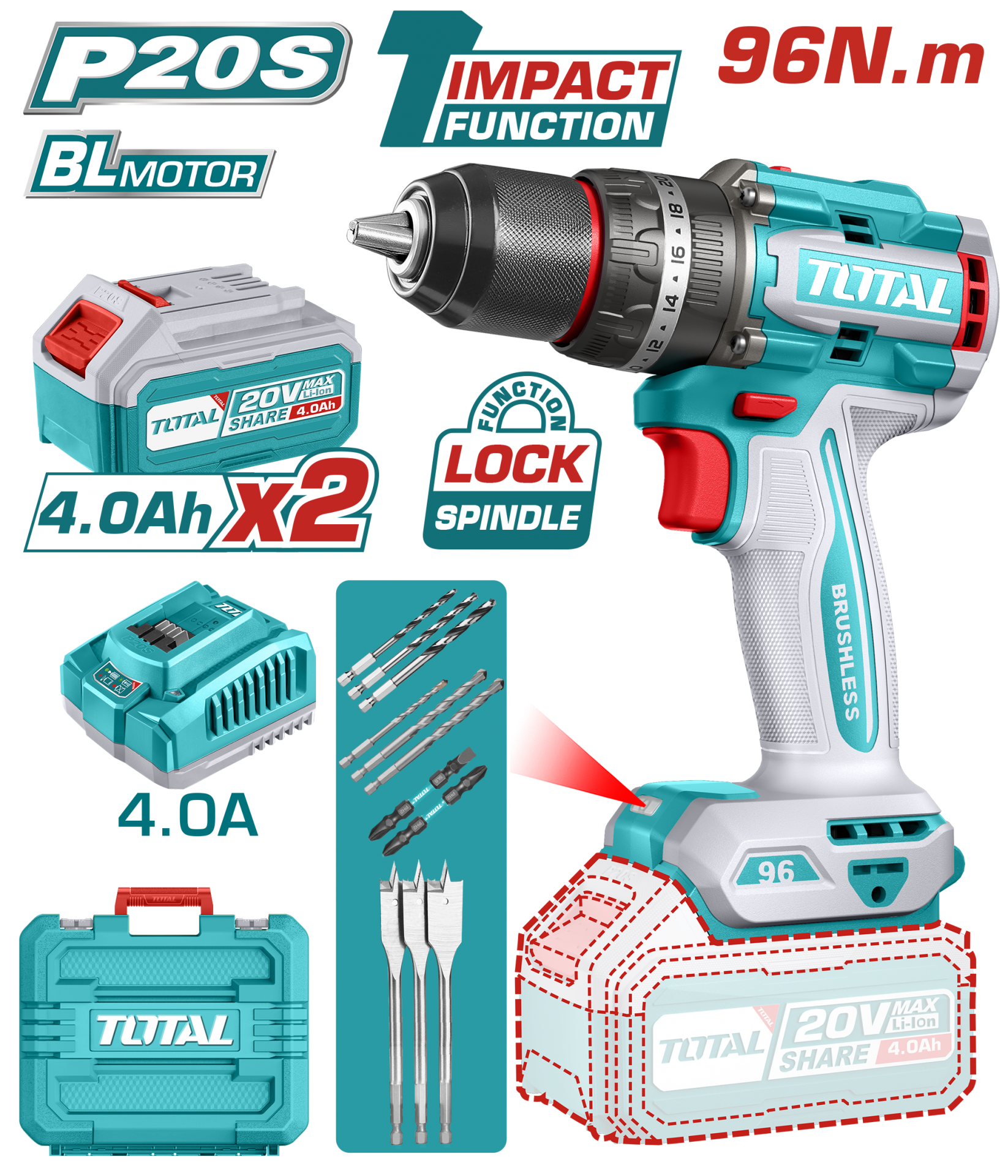 Total Li-Ion Akülü Kömürsüz Darbeli Matkap 96Nm  TIDLI20968E