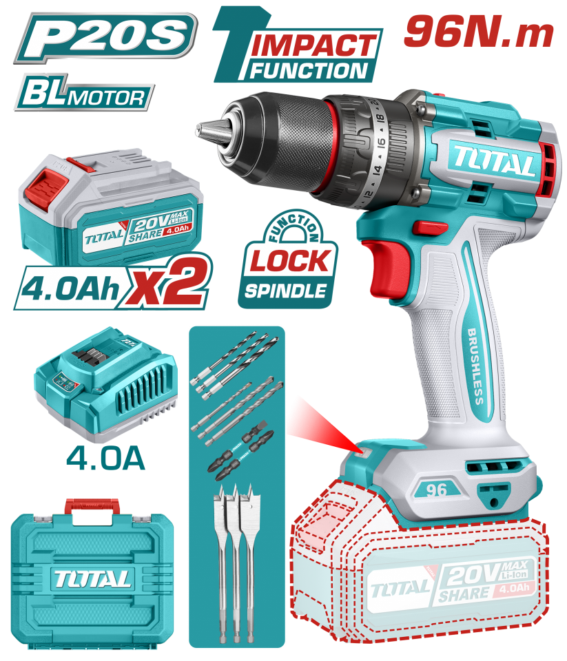 Total Li-Ion Akülü Kömürsüz Darbeli Matkap 96Nm  TIDLI20968E