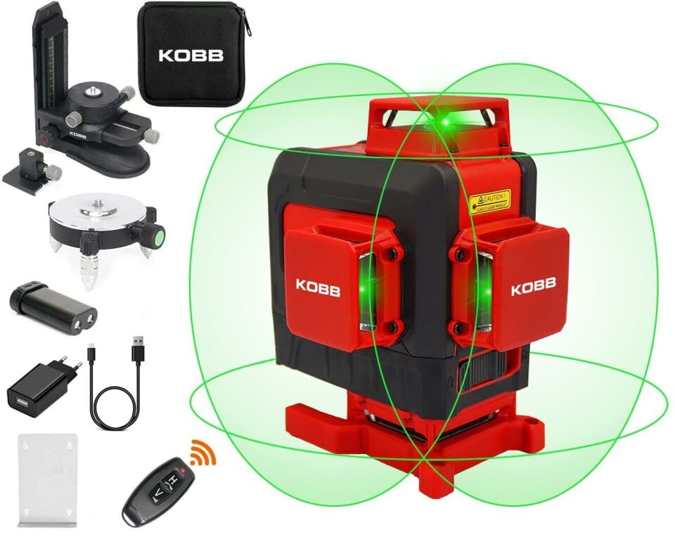 KOBB  KBL35G Profesyonel Li-ion Şarjlı 4X360⁰ Otomatik Hizalamalı Yeşil Çapraz Çizgi Lazer Distomat + Uzaktan Kumanda