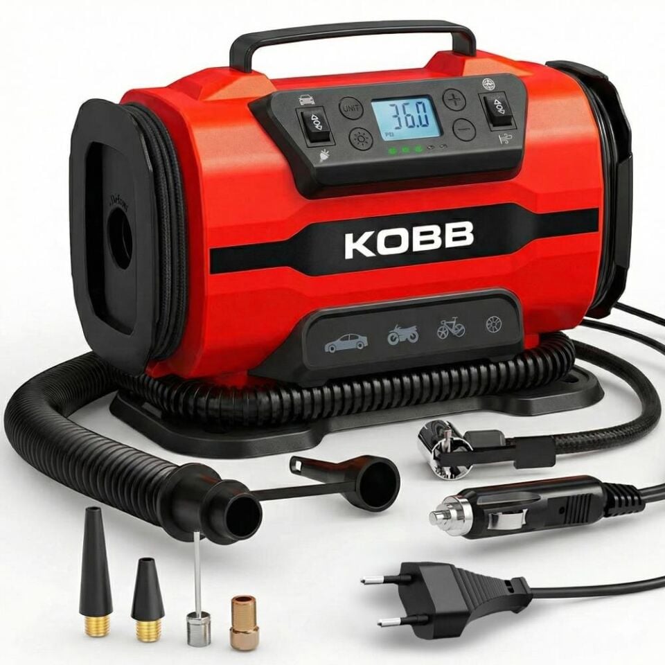 KOBB KB301 12-220 Volt Dijital Basınç Göstergeli Lastik ve Yatak Şişirme Pompası