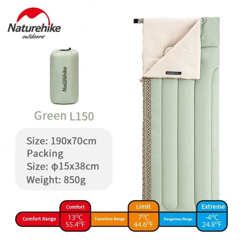 NATUREHIKE L 150 Zarf Tarzı Pamuklu Uyku Tulumu -4 Derece (Haki-Sol)