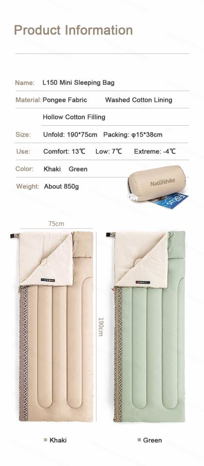 NATUREHIKE L 150 Zarf Tarzı Pamuklu Uyku Tulumu -4 Derece (Haki-Sol)