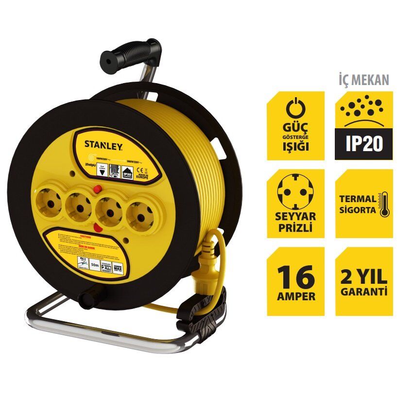 Stanley ST-E-5015 Makaralı Kablo 50 Mt, 3x1.5mm, 4 Prizli, IP20