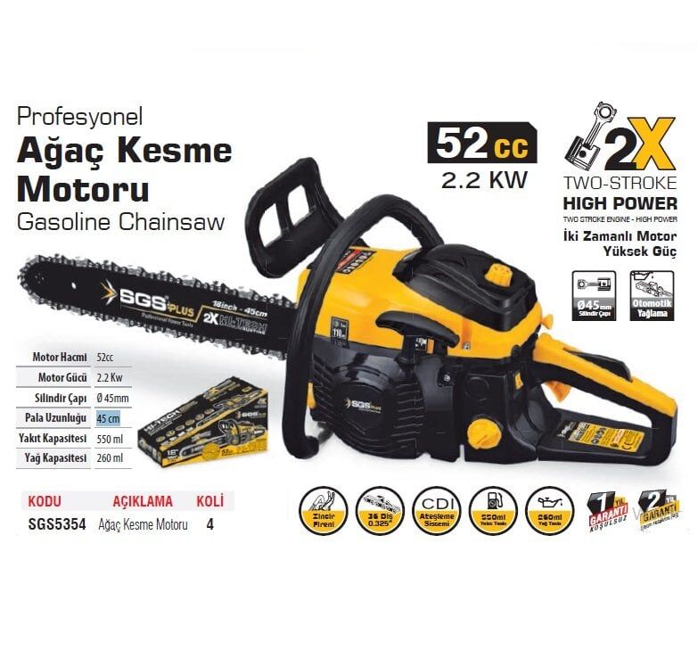 SGS 5354 BENZİNLİ AĞAÇ KESME  MOTORU 52 CC