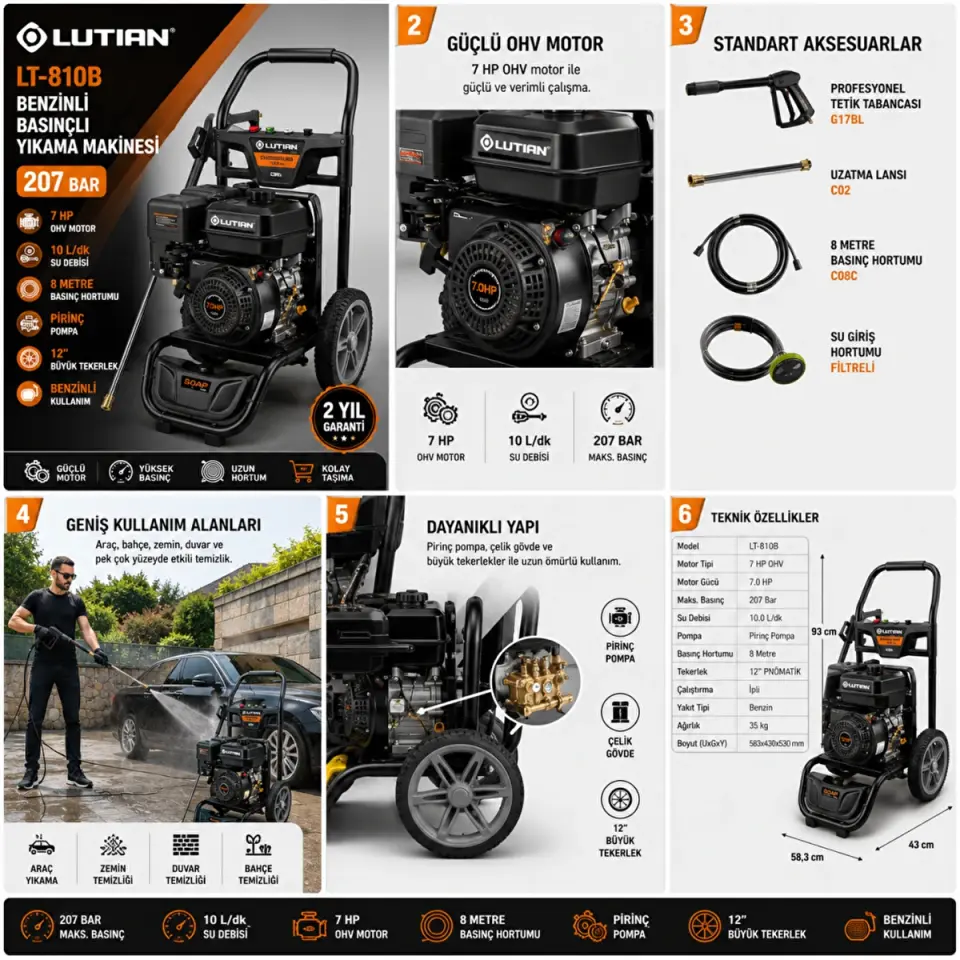 Lutian LT-810B 7 HP Benzinli Basınçlı Yıkama Makinası 207 Bar