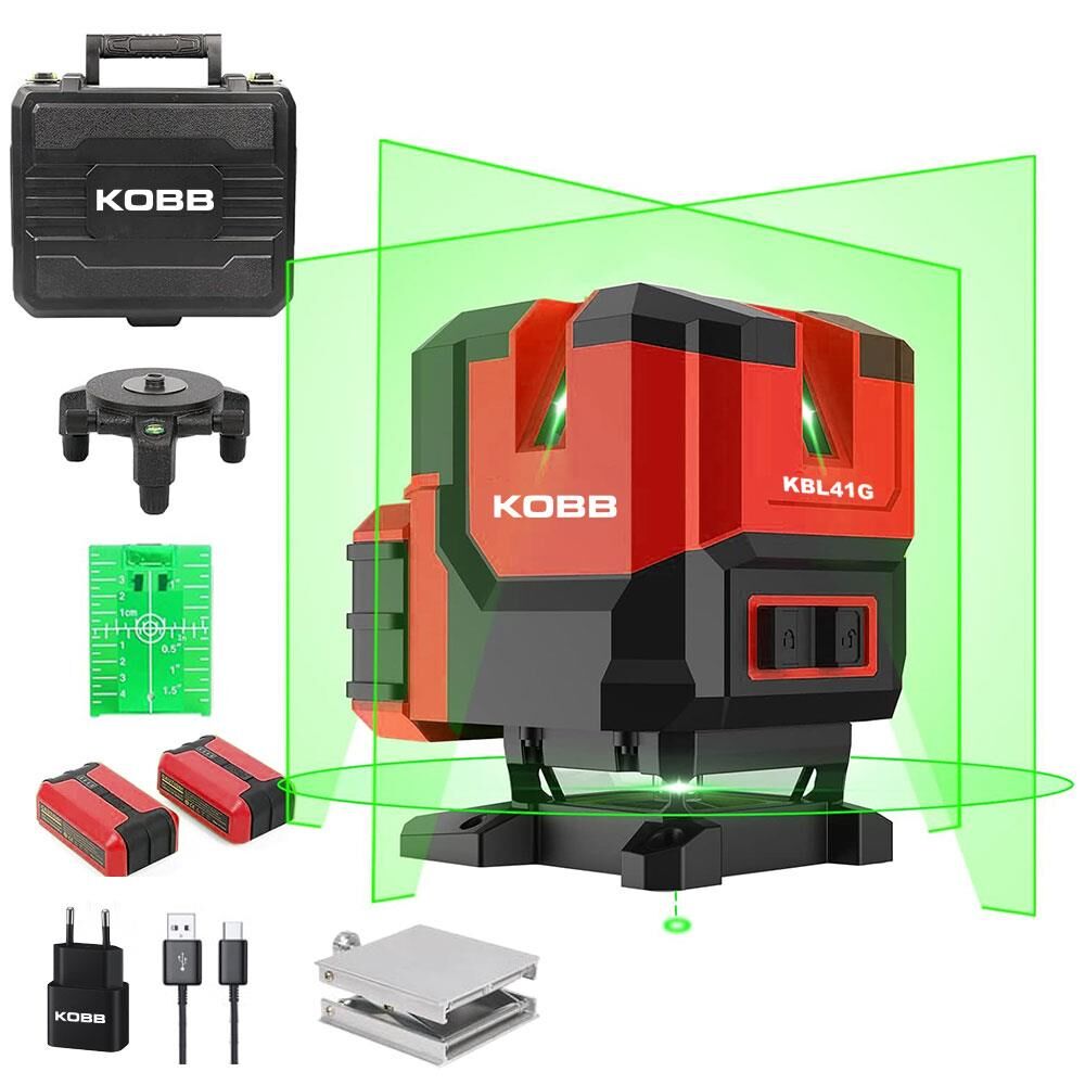 KOBB KBL41G 30Metre 4x90⁰/1x360⁰ Otomatik Hizalama Çift Akülü Profesyonel Yeşil Çapraz Çizgi Lazer Terazi