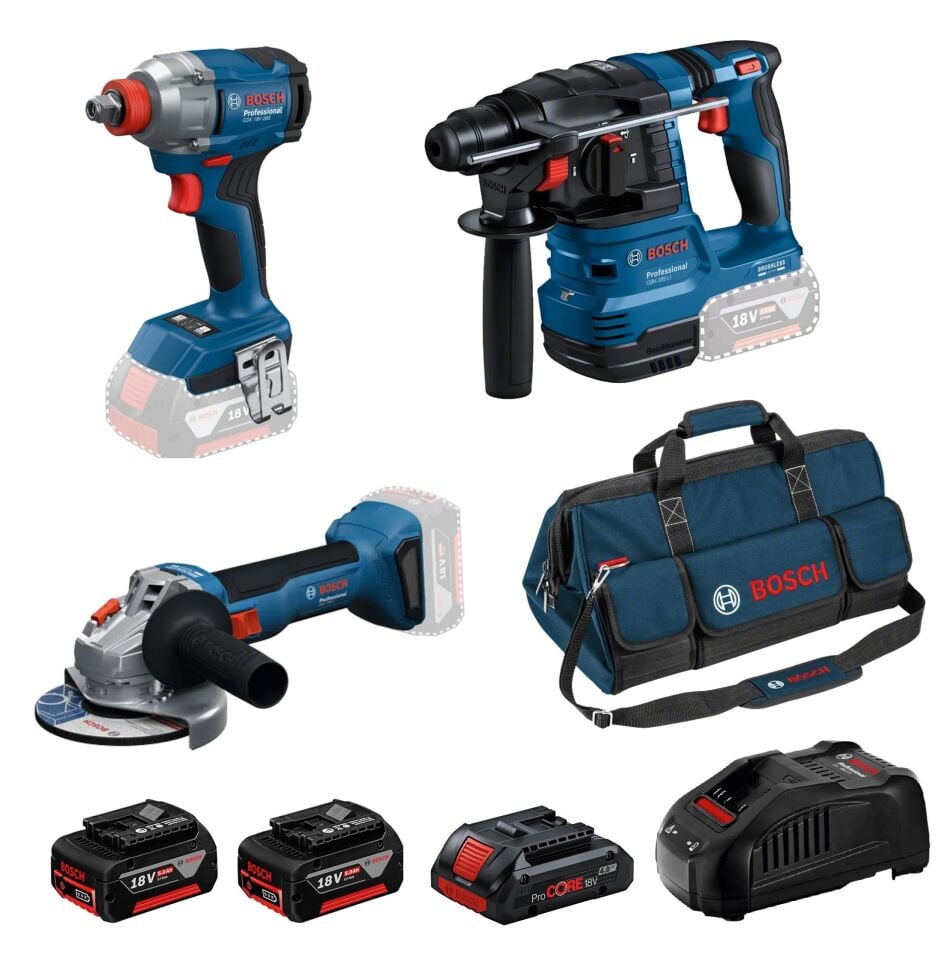 BOSCH GBH 185+GWS 18V-8+GDX 18V-285 3'lü Şarjlı Kırıcı-Delici-Taşlama-Torklu Seti 3 Akülü (2x5Ah+1x4Ah)