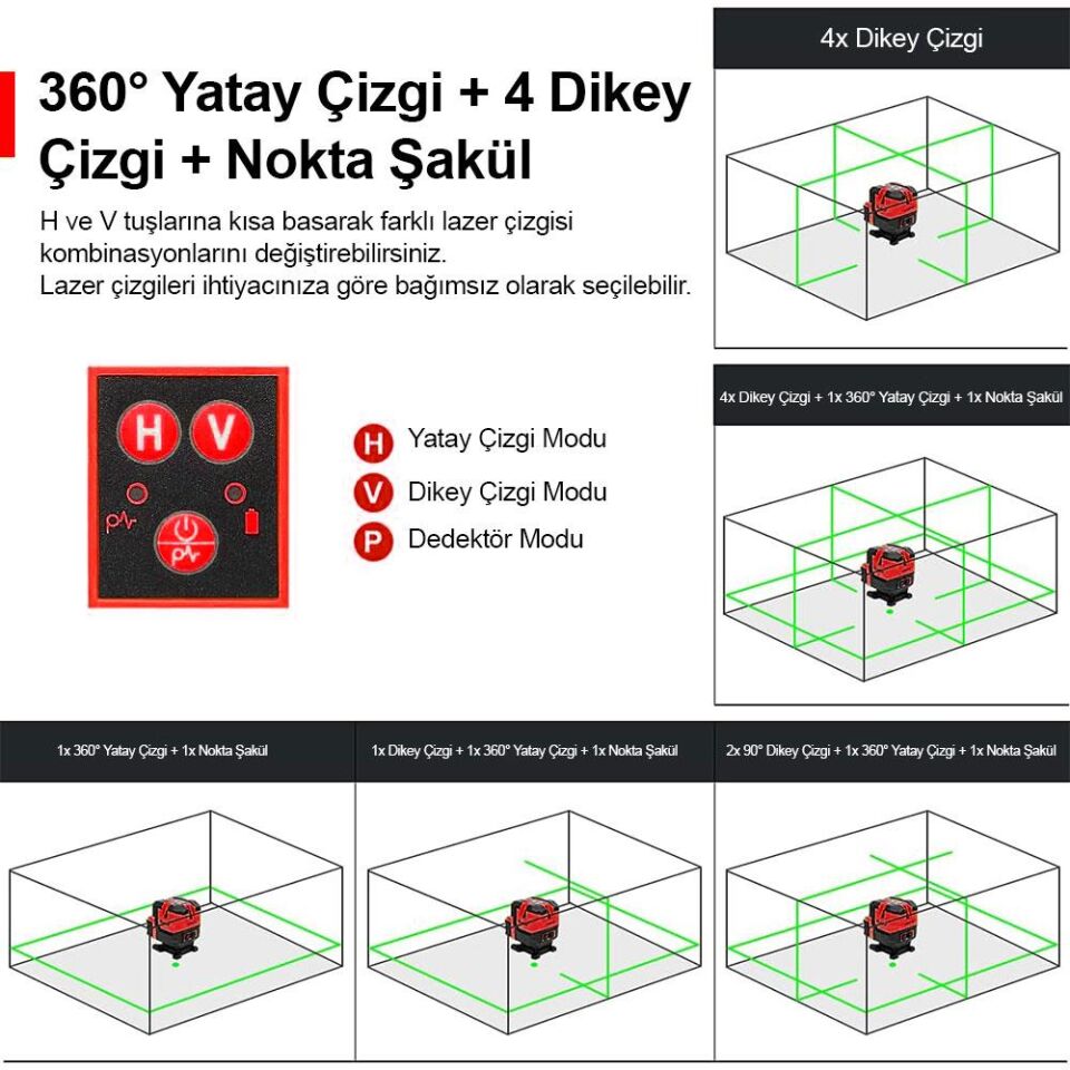 KOBB KBL41GTP 30Metre 4x90⁰/1x360⁰ Otomatik Hizalama Çift Akülü Profesyonel Yeşil Çapraz Çizgi Lazer Terazi Tripod Sehpalı