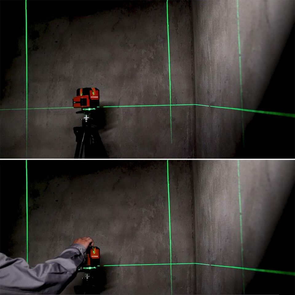 KOBB KBL41GTP 30Metre 4x90⁰/1x360⁰ Otomatik Hizalama Çift Akülü Profesyonel Yeşil Çapraz Çizgi Lazer Terazi Tripod Sehpalı