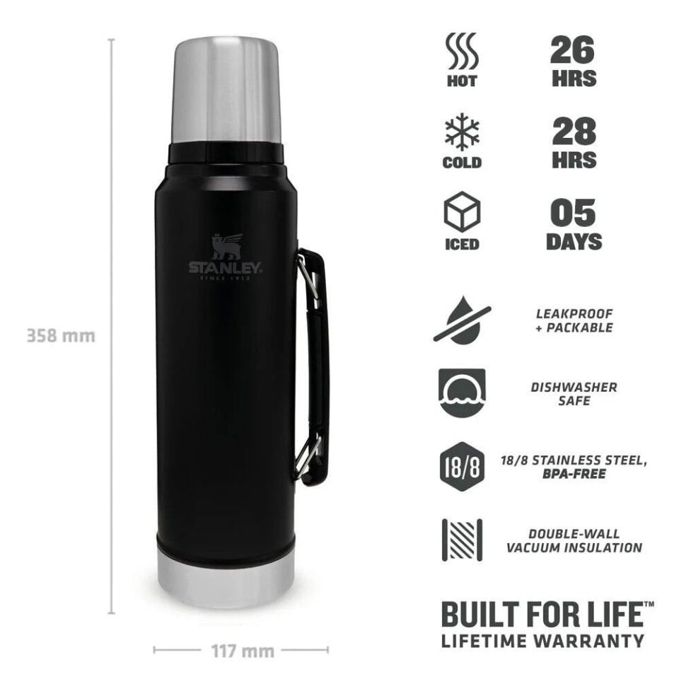 STANLEY Klasik Vakumlu Çelik Termos 1 Litre (Siyah)